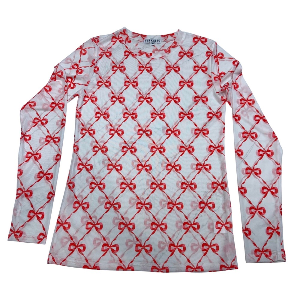 Blakeley Womens White Red Bow Sheer Mesh Long‎ Sleeve Top L/XL Coquette NWOT